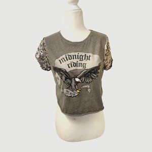 FB Sister Army Green Eagle Midnight Riding Crop Top Size Medium Sequin Arms